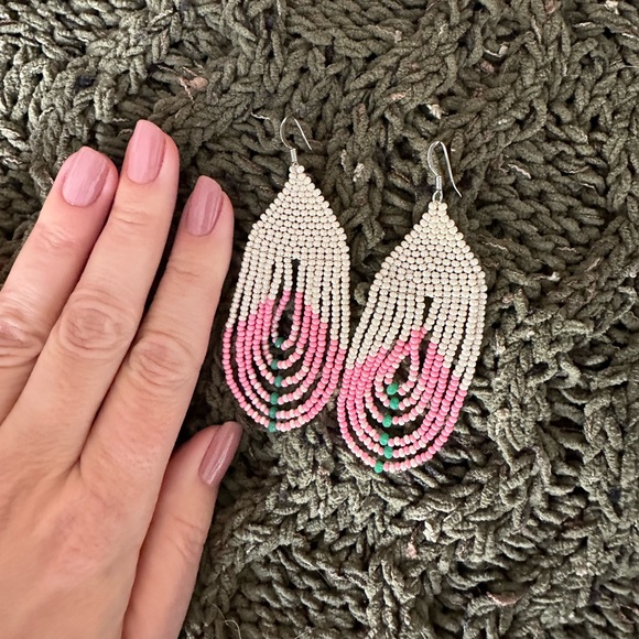 Boho Beaded Earrings pink, white and green - Picture 2 of 5